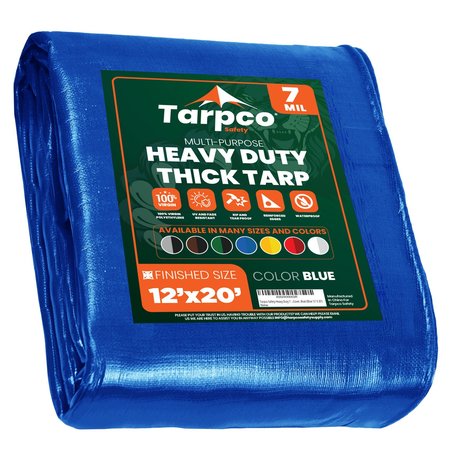 TARPCO SAFETY 12 ft x 20 ft Heavy Duty 7 Mil Tarp, Blue, Polyethylene, Waterproof, Rip and Tear Proof TS-205-12X20